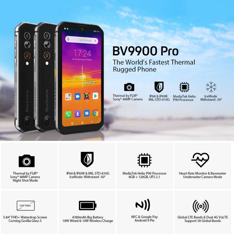 Blackview BV9900 Pro, Camera 48MP, 8GB + 128GB. Chống nước chống bụi IP68 / IP69K, Camera ba phía sau, Pin 4380mAh, Nhận dạng vân tay gắn bên, Android 9.0 MT6779V Helio P90 Octa Core lên đến 2.2GHz, NFC, Mạng: 4G (Xám)