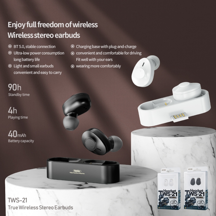 REMAX TWS-21 Tai nghe Bluetooth không dây âm thanh nổi Bluetooth 5.0 âm thanh nổi