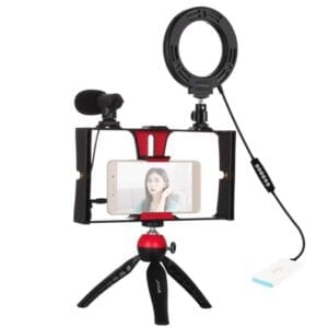 PULUZ 4 trong 1 Vlog Phát trực tiếp Video trên điện thoại thông minh Giá treo đèn LED selfie vòng 4,7 inch 12cm + Micrô + Bộ dụng cụ gắn chân máy bỏ túi với đầu giá đỡ giày lạnh (Màu đỏ)