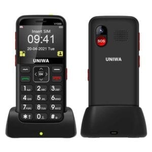 Điện thoại di động UNIWA V1000 4G Elder 2,31 inch, UNISOC TIGER T117, Pin 1800mAh, 21 phím, Hỗ trợ BT, FM, MP3, MP4, SOS, Torch, Mạng: 4G, có đế cắm