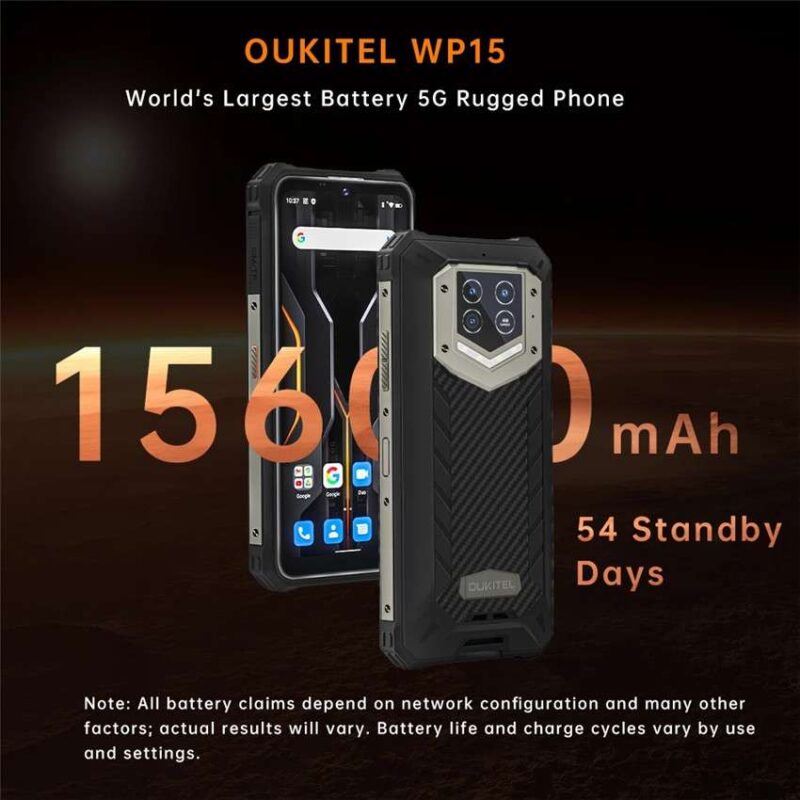 Oukitel wp15 Điện thoại thông minh chắc chắn 8GB + 128GB 6,5 "HD + Octa Core 15600mAh Điện thoại di động Android11 ​​48MP MT6833 Điện thoại di động NFC