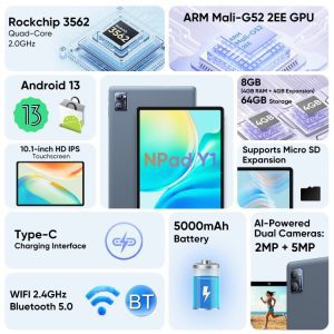 Máy tính bảng N-ONE Npad Y1 Wi-Fi, 4GB+64GB, 10,1 inch Android 13 RK3562 Quad Core 25 N ONE Npad Y1 8