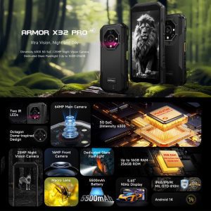 Ulefone Armor X32 Pro 5G, 8GB+256GB, Camera chụp đêm, Điện thoại chắc chắn IP68/IP69K, 5,65 inch Android 14 MediaTek Dimensity 6300 Octa Core, Mạng: 5G, NFC, OTG 21 Pin Ulefone Armor X32 Pro 12