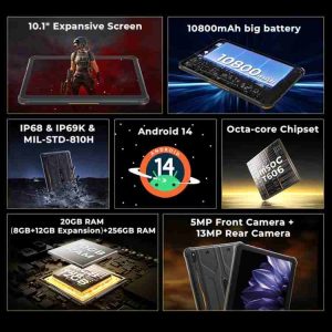 Máy tính bảng HOTWAV Tab R10 Pro IP68/IP69K siêu bền,10800mAh, 8GB+256GB, màn hình 10.1 inch, Android 14, chip Unisoc T606 Octa Core, mạng 4G, phiên bản toàn cầu có Google Play 24 HOTWAV Tab R10 Pro 13