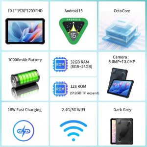 Máy tính bảng UNIWA UTAB R1040 IP67 chống nước, bền bỉ, RAM 8GB + bộ nhớ trong 128GB, màn hình 10.1 inch, hệ điều hành Android 15, chip Mediatek MT8786 Octa Core, mạng 4G 23 UNIWA UTAB R1040 5